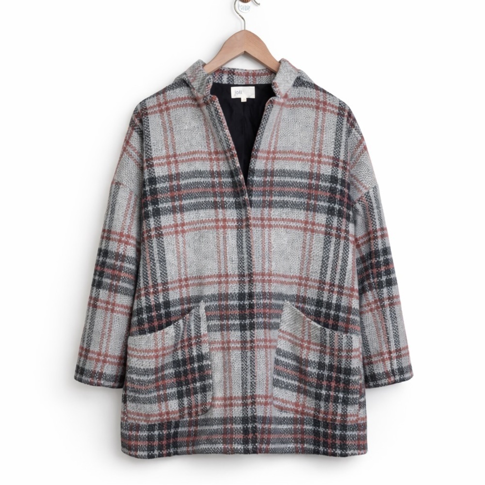 Jolt | Gray Black Red Plaid Soft 2 Snap Drop Shoulder Lined Jacket Coat S